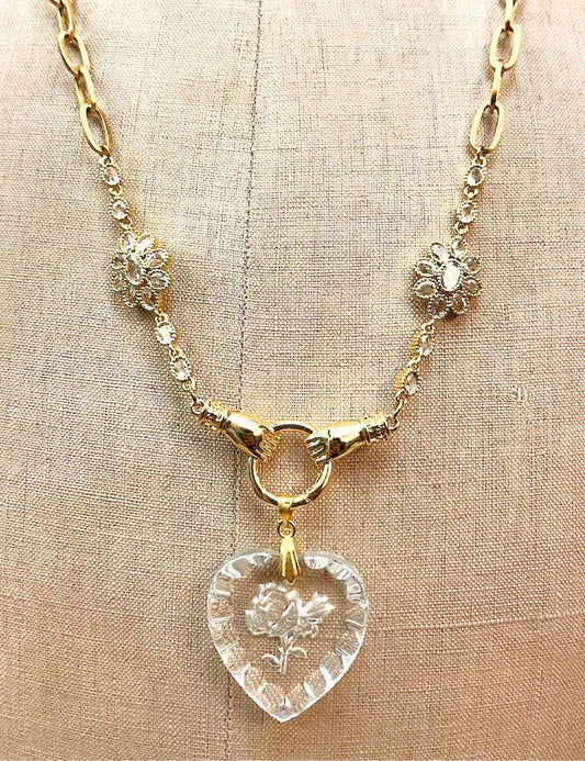 Floral Engraved Vintage Glass Necklace with Two Flower Shaped Connectors, Stainless Steel Chain, Gold Plated