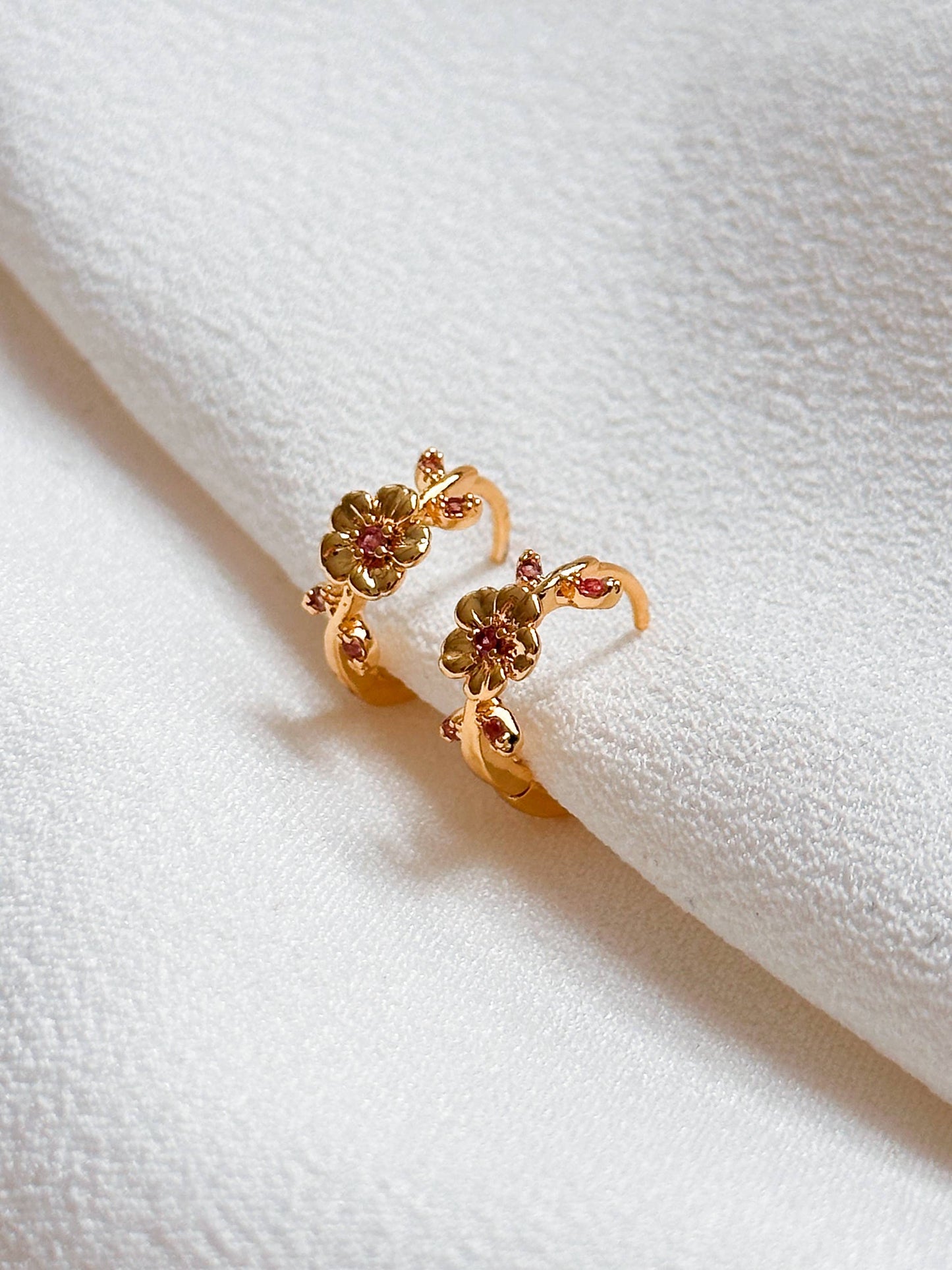 18k Gold Plated Cubic Zirconia Pink Flower Huggie Hoop Earrings