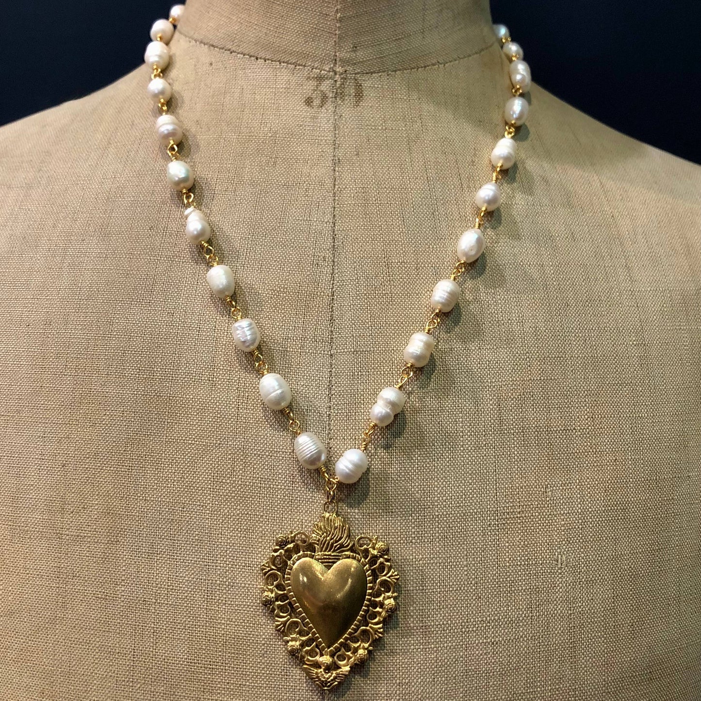Sacred Heart Pendant Necklace with Freshwater Pearl Chain, Stainless Steel, Gold Plated