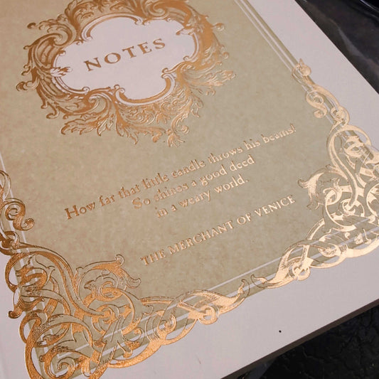 Close up of the notepad featuring a Shakespeare quote