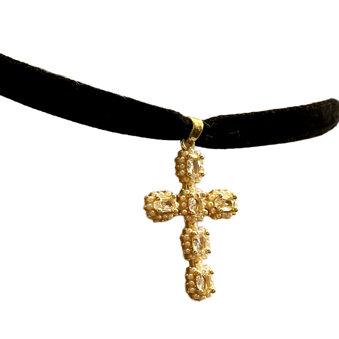 Gold Plated Pearl Detail Cross Pendant on Thin Black Velvet Ribbon Choker