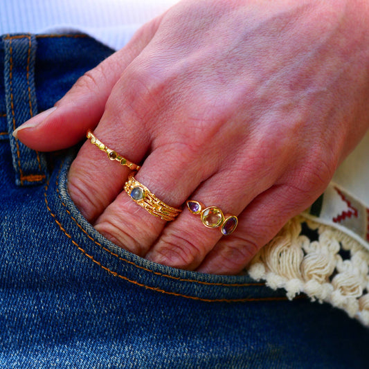 Gold-Plated, Multi-Coloured Tourmaline, Adjustable Ring