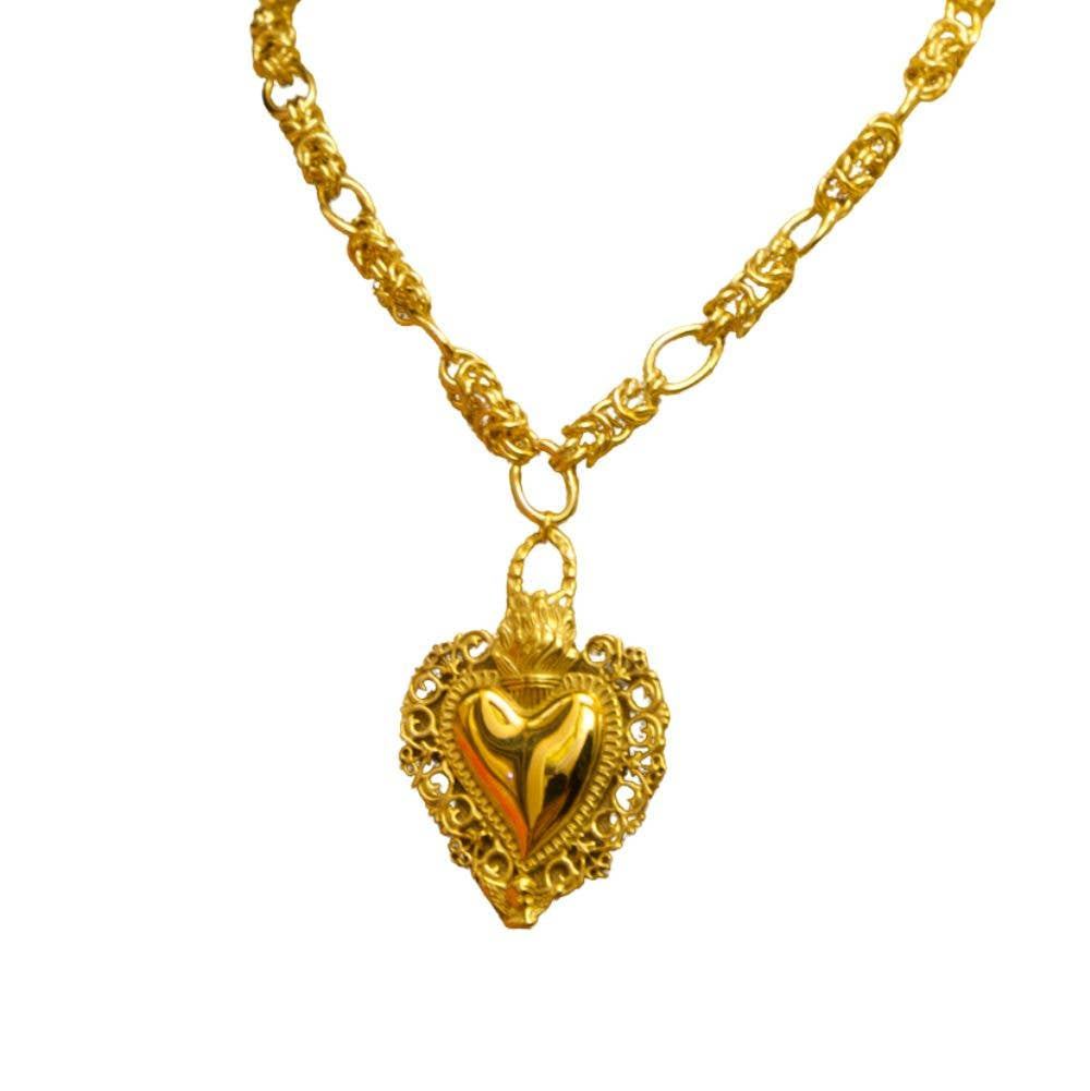 Ex Voto Sacred Heart Necklace, Stainless Steel, Gold Plated