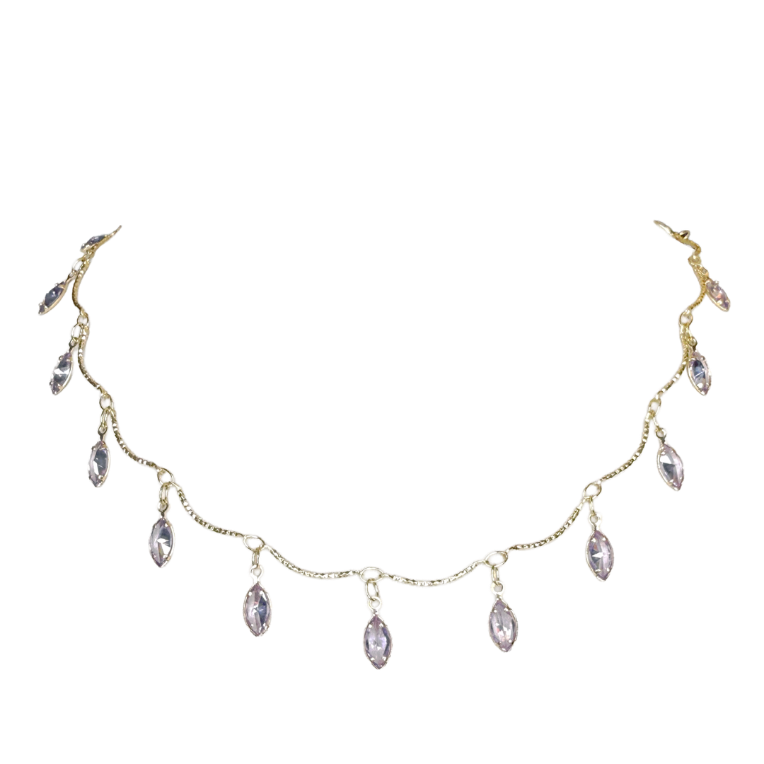 Lavender Rhinestone Teardrop Pendant Necklace, Brass Gold Plated Chain