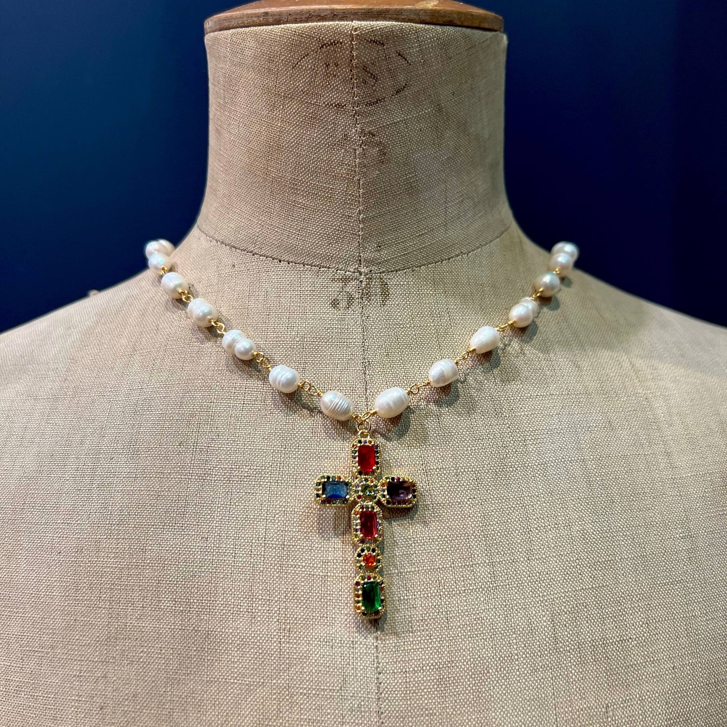 Multi Crystal Cross Pendant Necklace with Freshwater Pearls Chain, Stainless Steel, Gold Plated