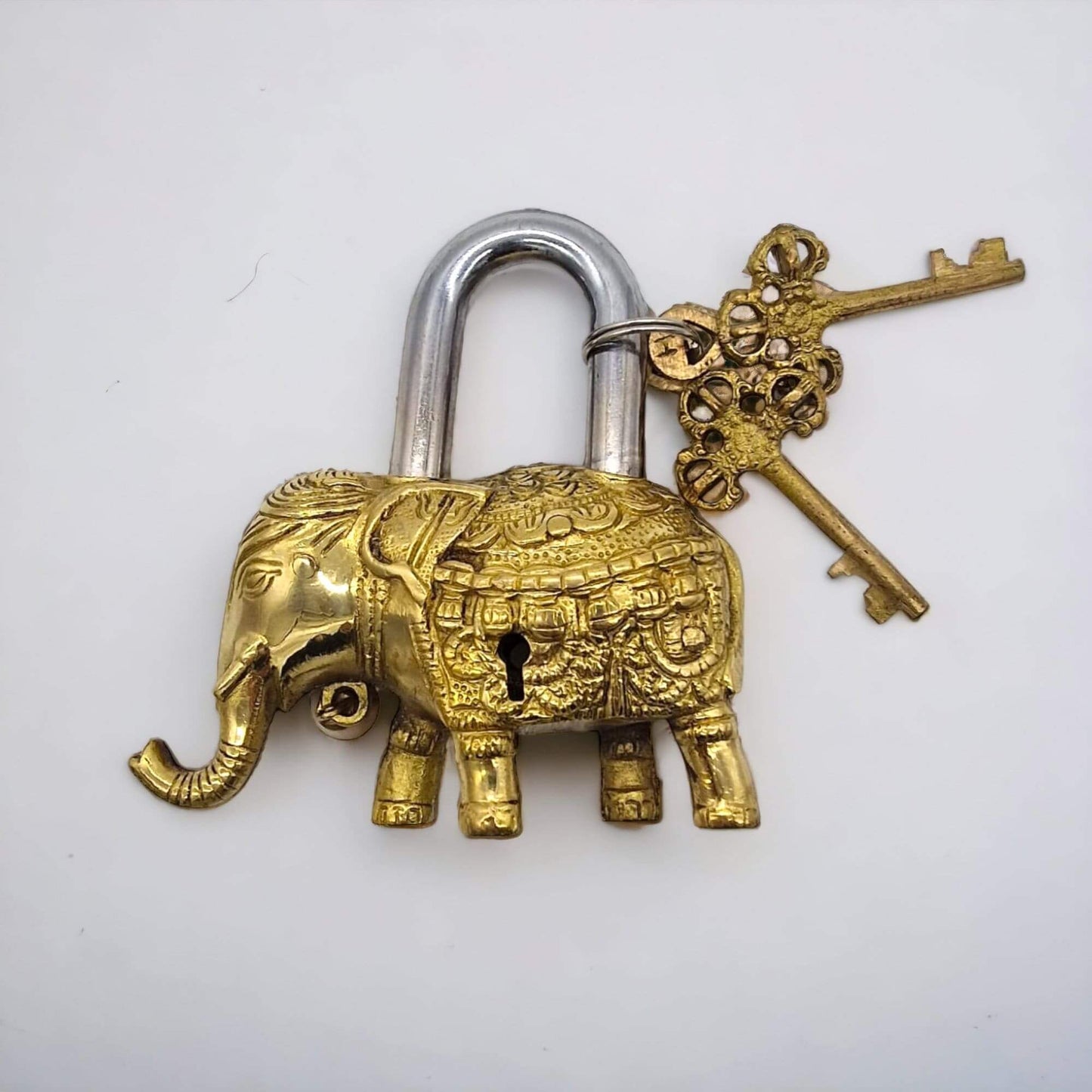 Brass Elephant Padlock with Ornate Keys image 1