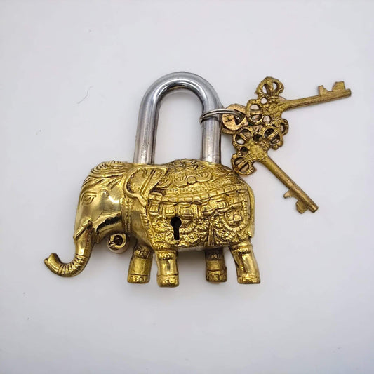 Brass Elephant Padlock with Ornate Keys image 1