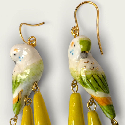 Nach Bijoux Hand-Painted Porcelain Budgie Dangle Earrings image 1