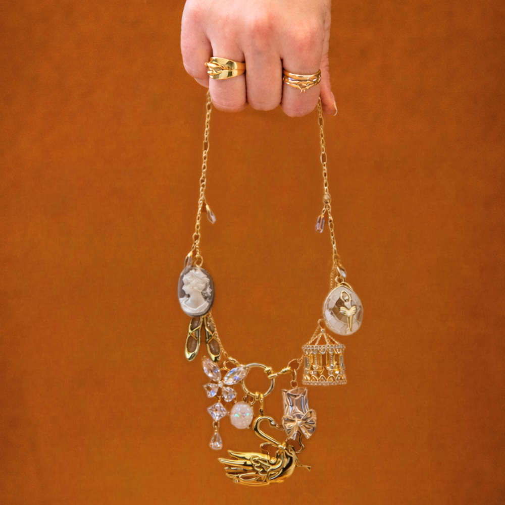 Multiple Pendant Charms Necklace, Stainless Steel, Gold Plated