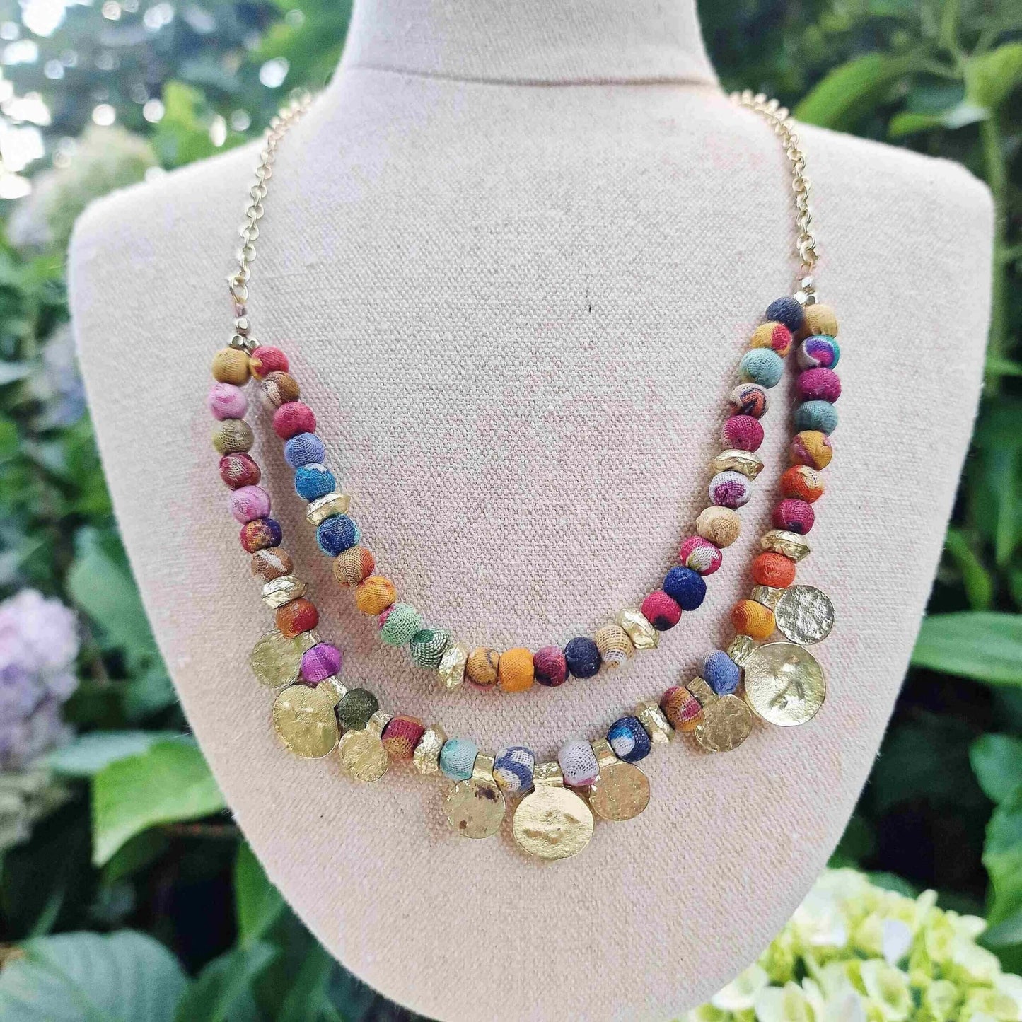 Recycled Fabric Bead Necklace with Disc Charms. image 0