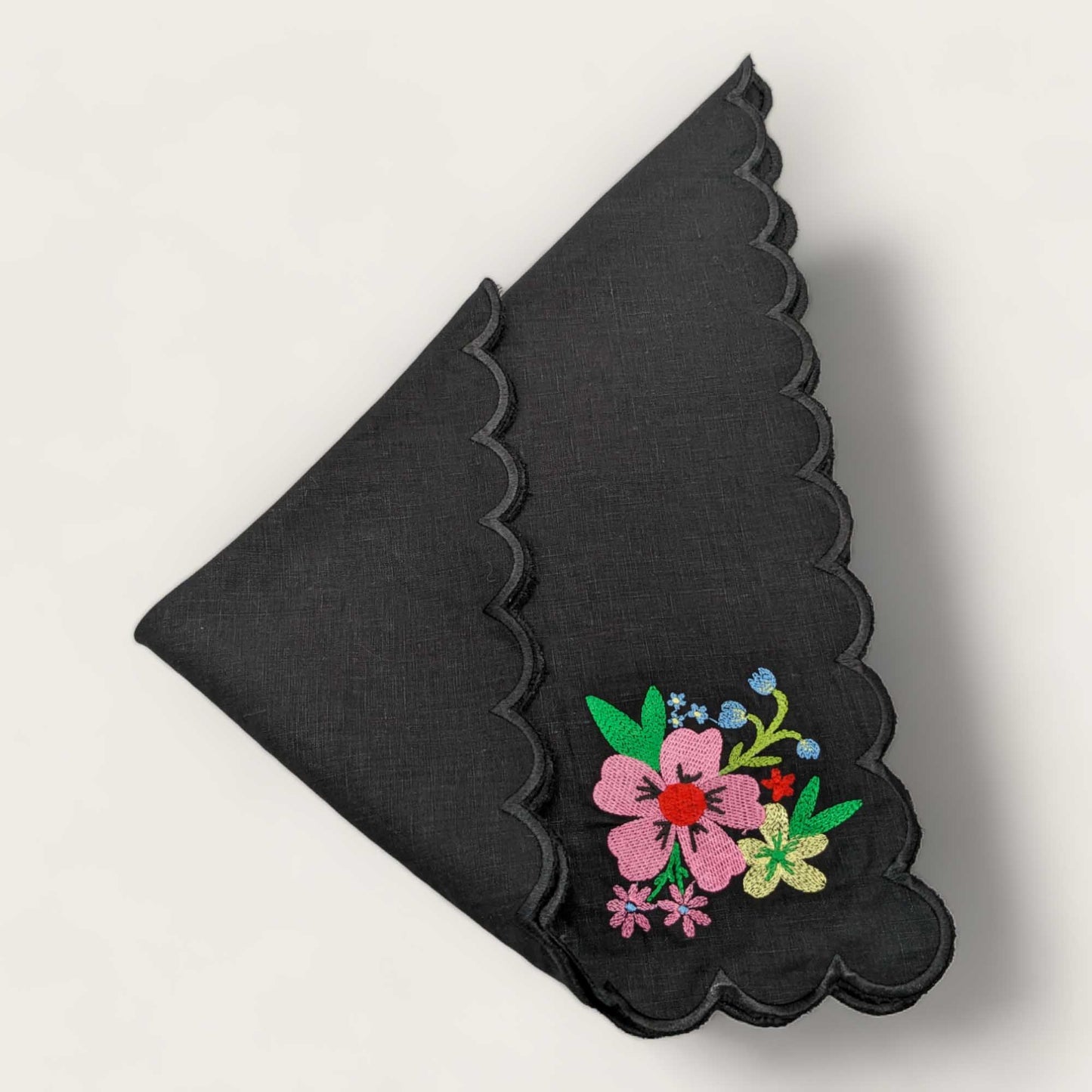 Set of Four Black Embroidered Scallop Edged Napkins image 3