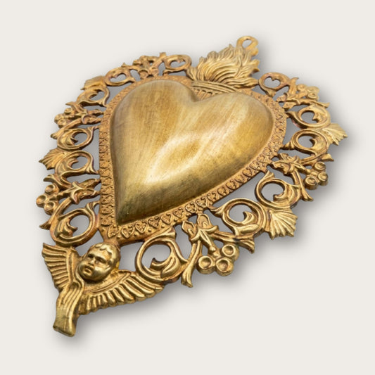 Antique Inspired Hanging Sacred Heart, Gold Tin