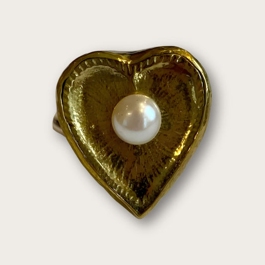 Antiqued Gold Love Heart Adjustable Ring with Pearl