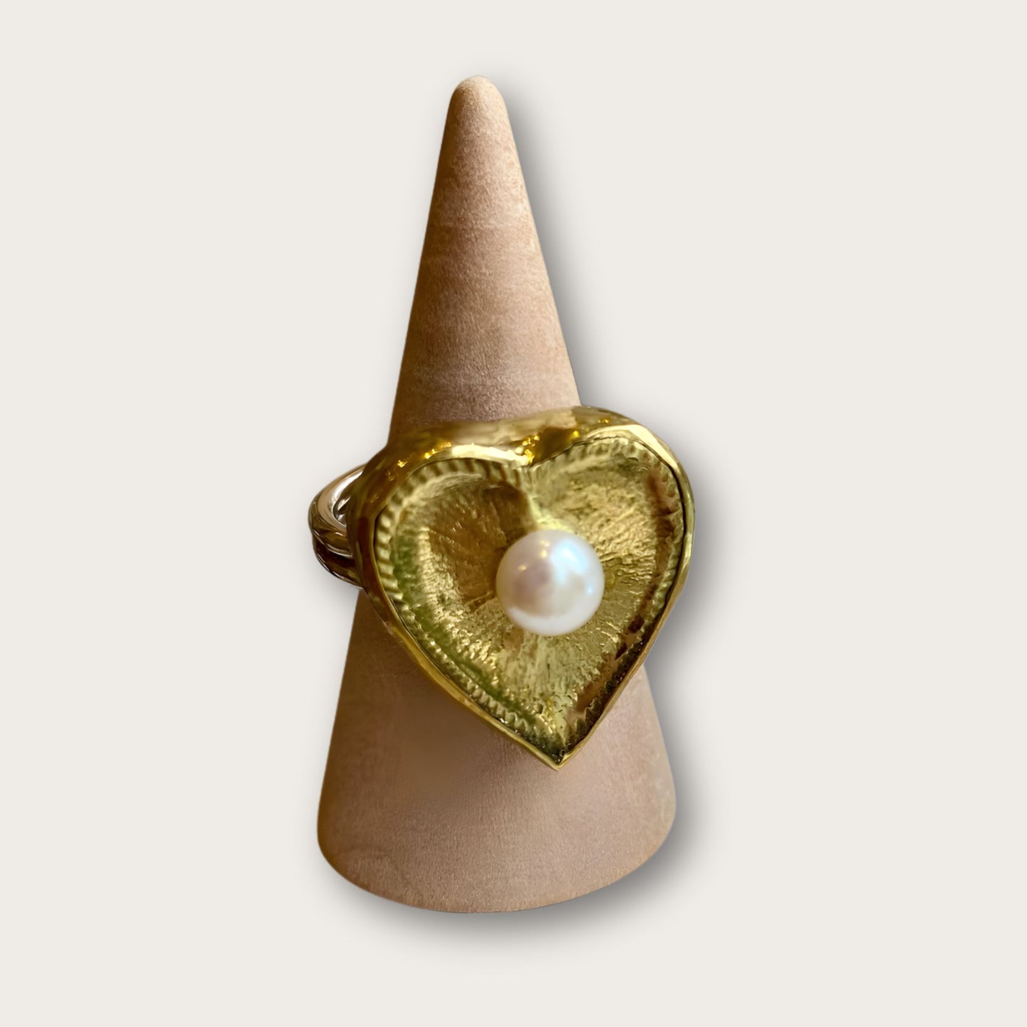 Antiqued Gold Love Heart Adjustable Ring with Pearl