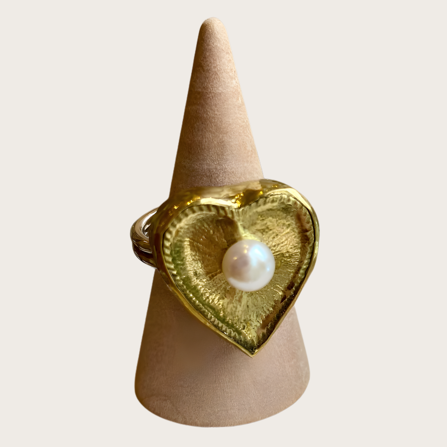 Antiqued Gold Love Heart Adjustable Ring with Pearl