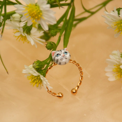 Nach Tabby Grey Cat Mini Porcelain Twisted Adjustable Ring, Handmade, Hand Painted