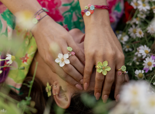 Nach White Flower Porcelain Adjustable Ring, Handmade, Hand Painted