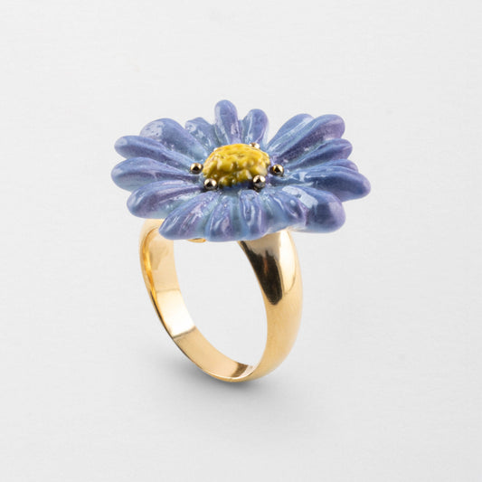 Nach Purple Anemone Flower Porcelain Adjustable Ring, Handmade, Hand Painted