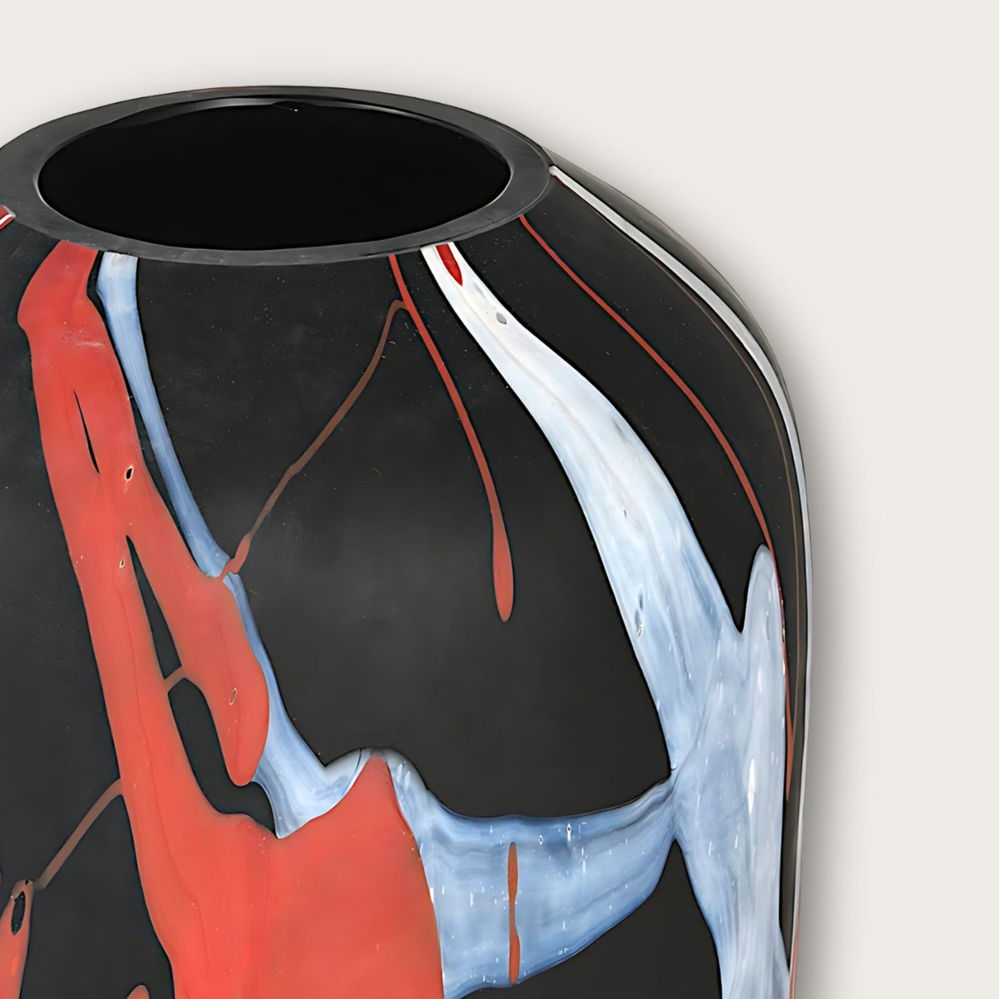 Black Glass Vase with Red and White Paint Lines