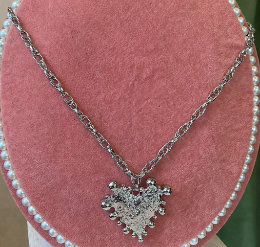 Crinkled Heart Pendant Necklace, Stainless Steel