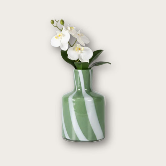 Glass Bud Vase, Green and White Humbug Stripe Design