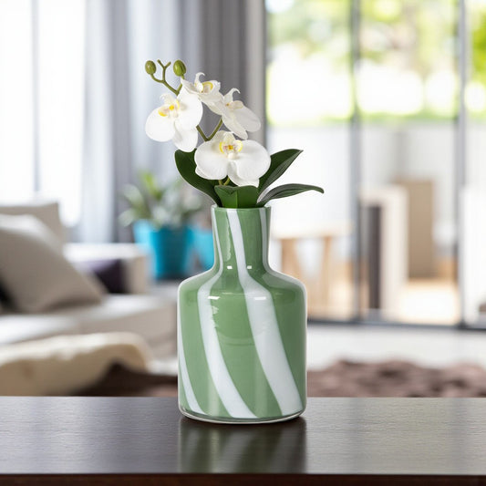 Glass Bud Vase, Green and White Humbug Stripe Design
