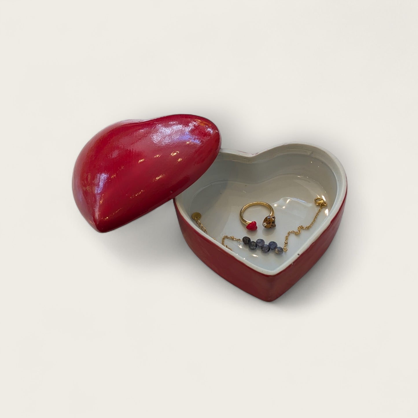 Porcelain Red Heart Trinket Box, Hand-Painted