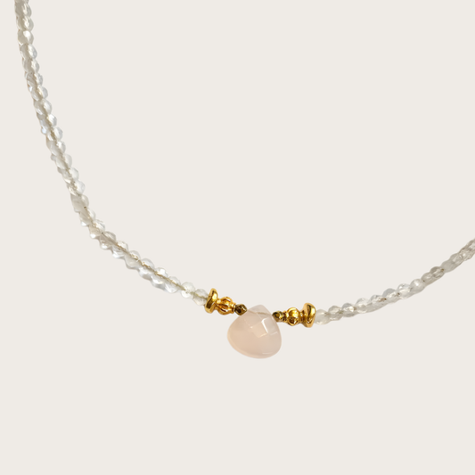 Handmade Clear Quartz Crystal Gemstone Necklace with Rose Quartz Pendant