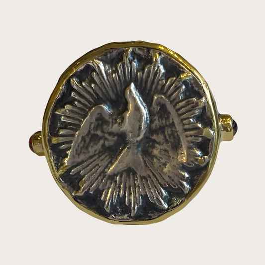 Holy Spirit Dove Silver Round Adjustable Ring with Rubies
