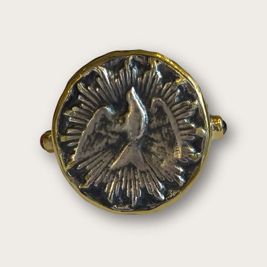 Holy Spirit Dove Silver Round Adjustable Ring with Rubies