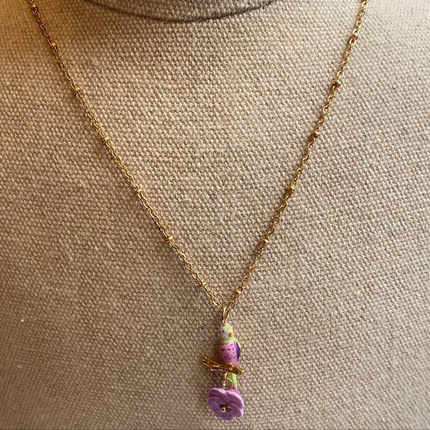 Nach Bird on Pansy Flower Handcrafted Necklace