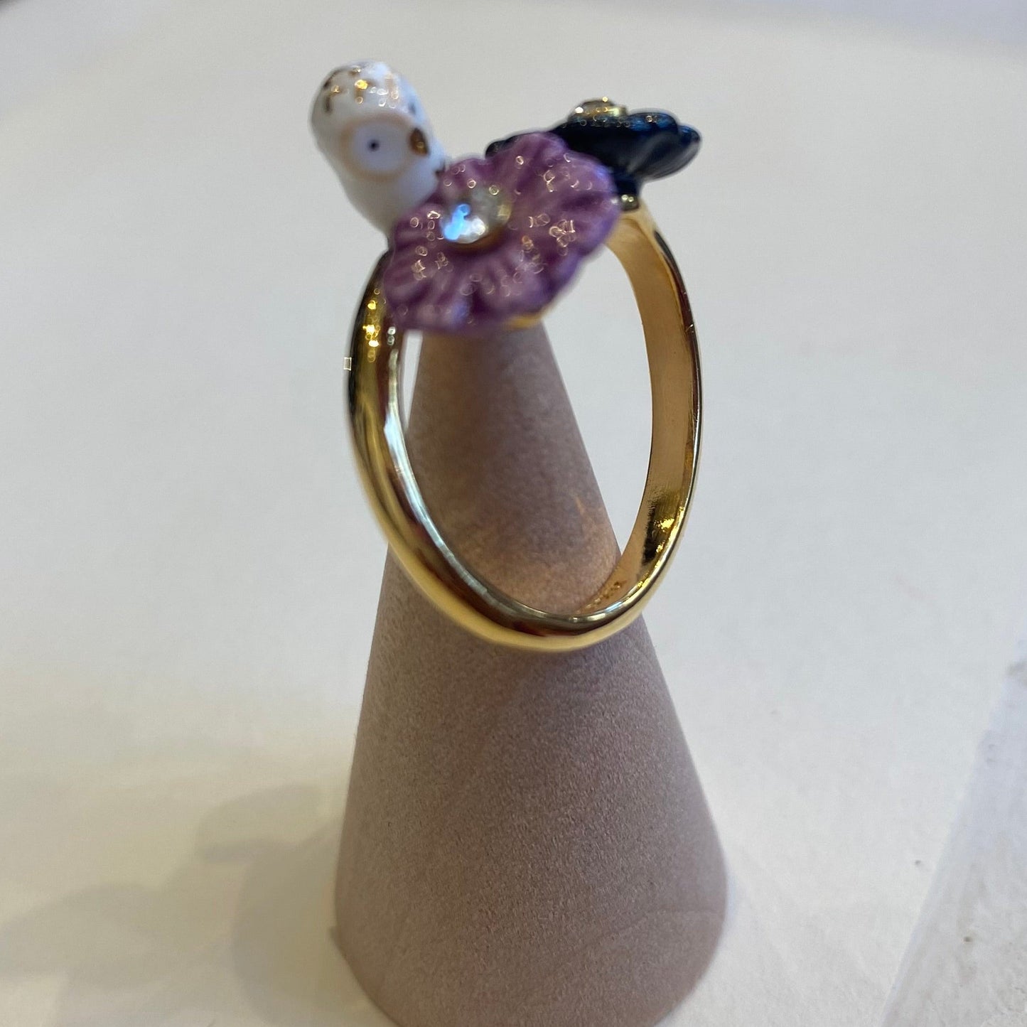 Nach Handmade White Owl and Aster Flowers Adjustable Ring