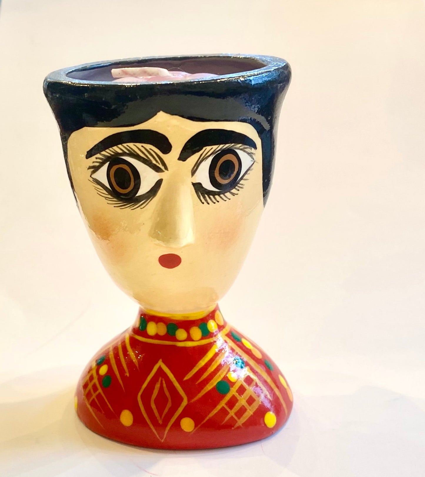 Handmade and Hand Painted Ceramic Expressive Face Tealight Holder – Black Hair