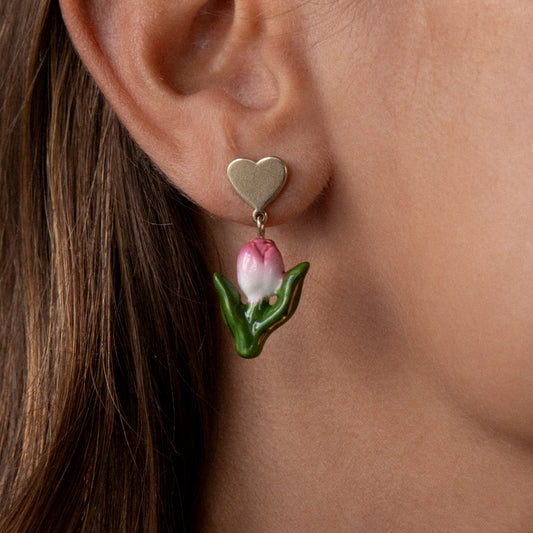 Nach Porcelain Pink Tulip and Heart Stud Earrings, Handmade, Hand Painted