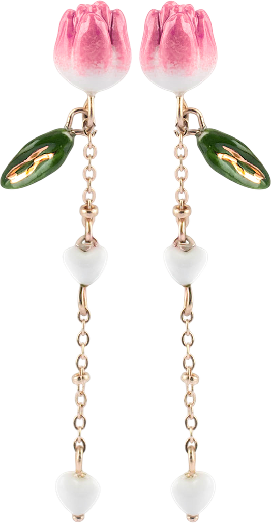 Nach Pink Tulip Chain Drop Stud Porcelain Earrings, Handmade, Hand Painted