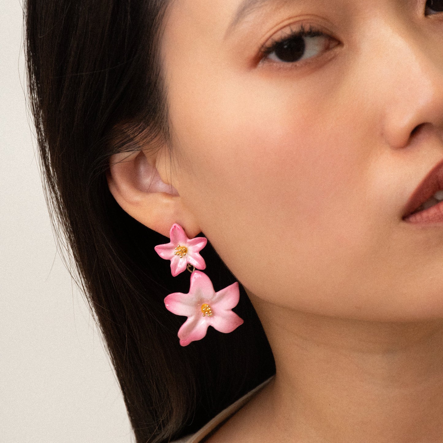 Nach Double Pink Lily Drop Porcelain Earrings