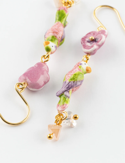 Nach Figs and Flowers Parrot Porcelain Pendant Earrings, Handmade, Hand Painted