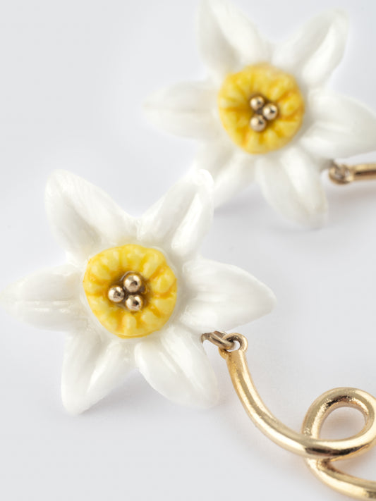Nach Daffodil Flower Porcelain Pendant Earrings, Handmade, Hand Painted