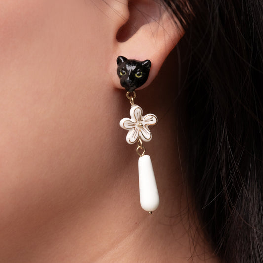 Nach Porcelain Black Panther Head with Dangling Erine Flower Earrings, Handmade, Hand Painted