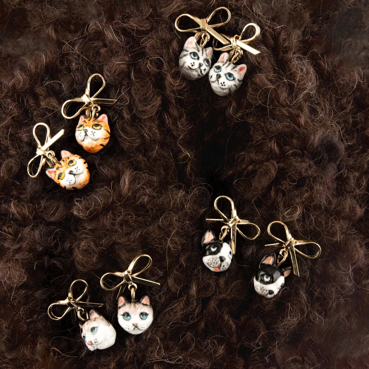 Nach Bengal Cat and Bow Dangle Porcelain Earrings, Handmade, Hand Painted