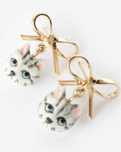 Nach Tabby Cat and Bow Dangle Porcelain Earrings, Handmade, Hand Painted