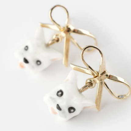 Nach Coton de Tuléar Dog and Bow Dangle Porcelain Earrings, Handmade, Hand Painted