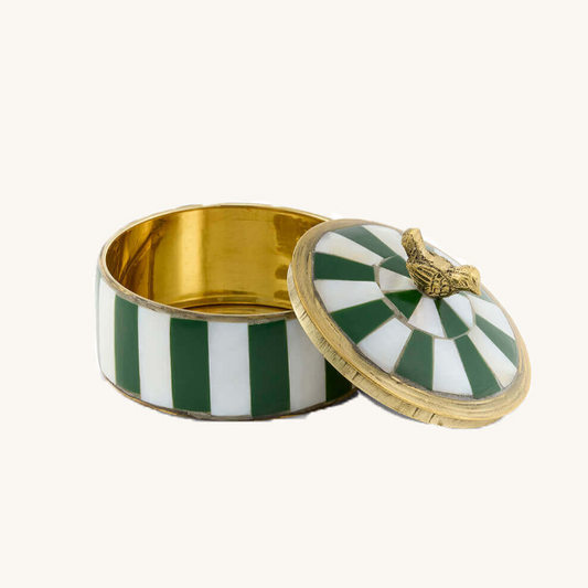 Striped Circus Jewellery Trinket Box with Lid, Brass and Mother of Pearl