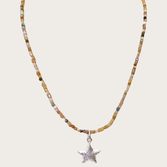 Multicolour Crystal Gemstone Necklace with Sterling Silver Star Pendant Charm