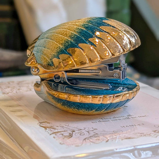 Nach Porcelain Blue Tones and Gold Shell Stapler, Handmade and Hand-Painted