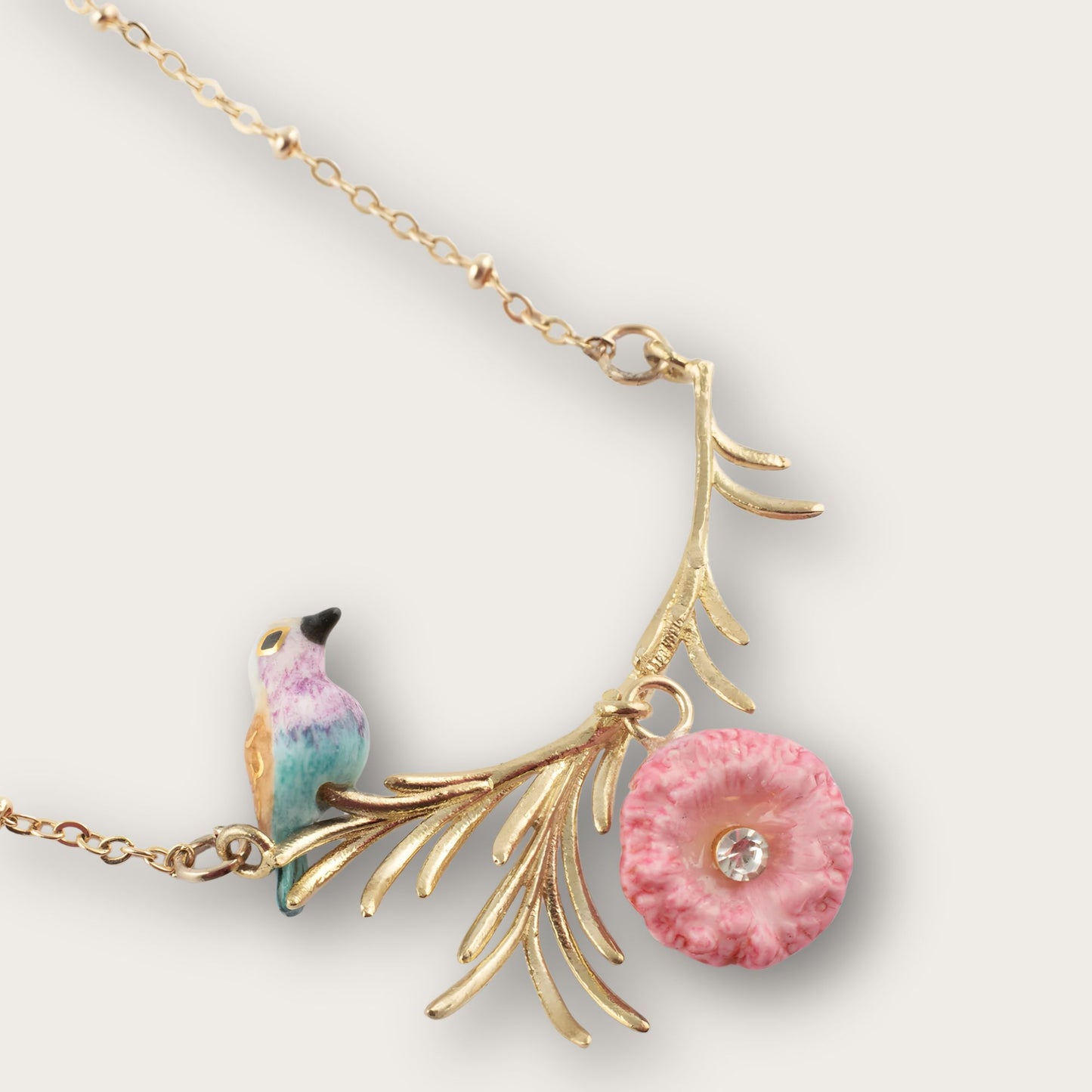 Nach Branch with Roller Bird and Thistle Porcelain Necklace, Handmade, Hand Painted
