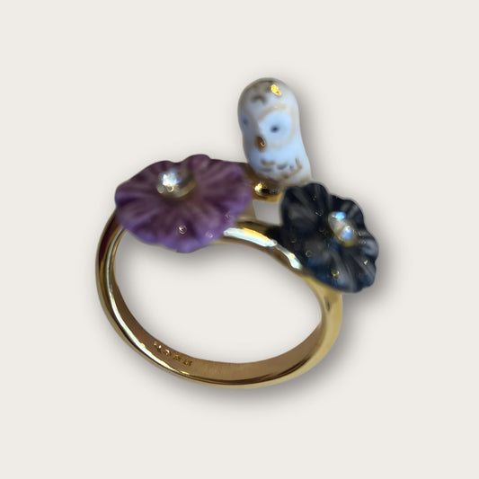 Nach Handmade White Owl and Aster Flowers Adjustable Ring