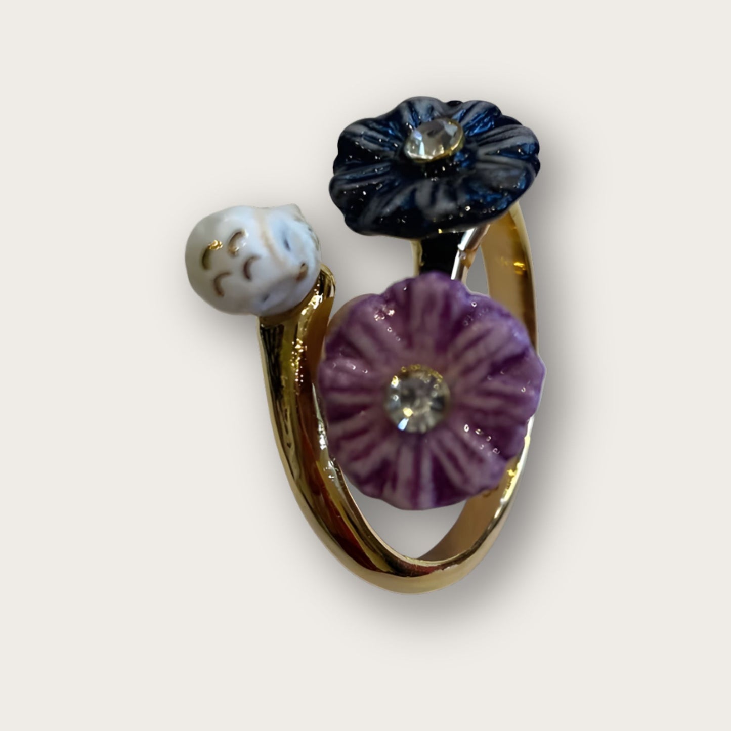 Nach Handmade White Owl and Aster Flowers Adjustable Ring