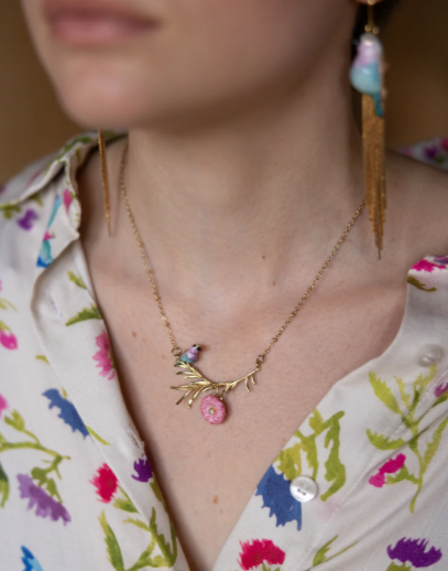 Nach Branch Necklace with Roller Bird and Thistle