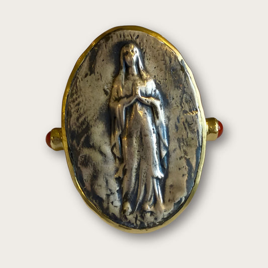 Oval Antiqued Brass Embossed Virgin Mary Statement Adjustable Ring with Rubies